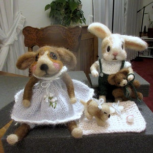 Bunny Rabbit, Teddy Bear, 2 Needle Felted Dolls / One of a Kind/ Unique Heirloom Collectibles/ Julian and Theodore image 10