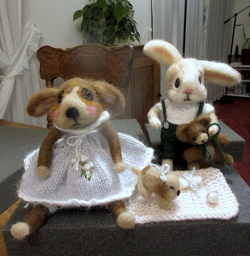 Bunny Rabbit, Teddy Bear, 2 Needle Felted Dolls / One of a Kind/ Unique Heirloom Collectibles/ Julian and Theodore image 10