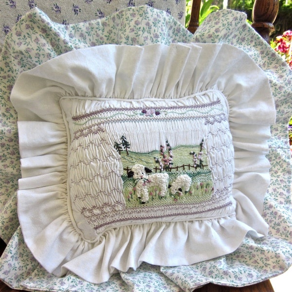Art Pillow, Hand Embroidered & Hand Smocked, Shabby Chic, Cottage, Baby Decor