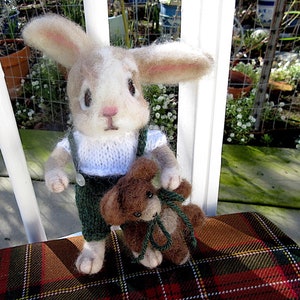 Bunny Rabbit, Teddy Bear, 2 Needle Felted Dolls / One of a Kind/ Unique Heirloom Collectibles/ Julian and Theodore image 8