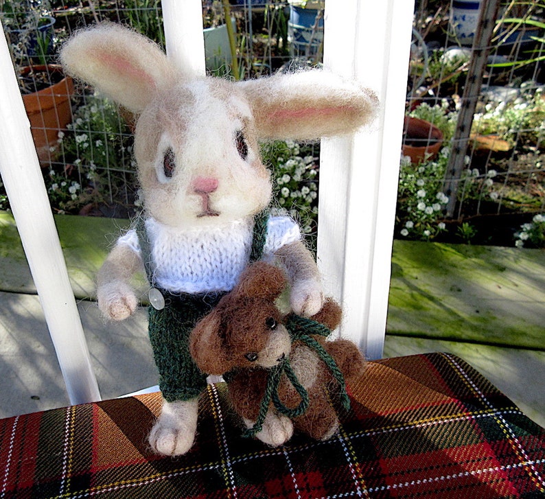 Bunny Rabbit, Teddy Bear, 2 Needle Felted Dolls / One of a Kind/ Unique Heirloom Collectibles/ Julian and Theodore image 8