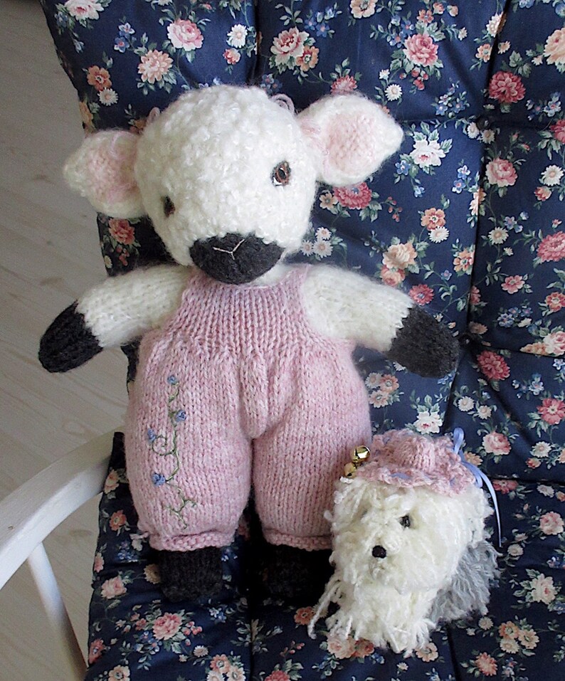 Lamb and Sheepdog Dolls/Hand Knit Valentine Gift/Easter Stuffed Animal Pair/ Heirloom Collectible, OOAK/ Best Friends Pansy and Bella image 9