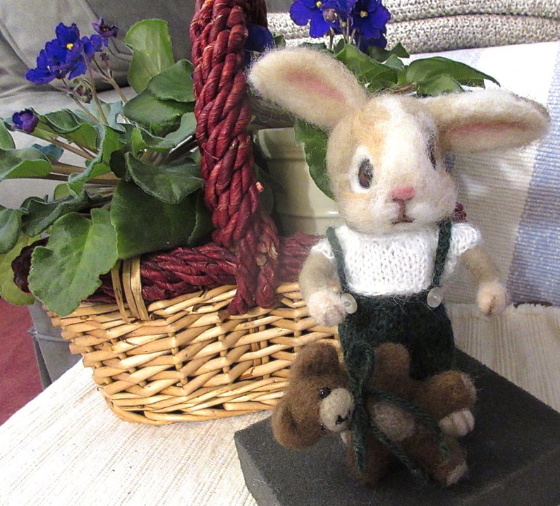 Bunny Rabbit, Teddy Bear, 2 Needle Felted Dolls / One of a Kind/ Unique Heirloom Collectibles/ Julian and Theodore image 6
