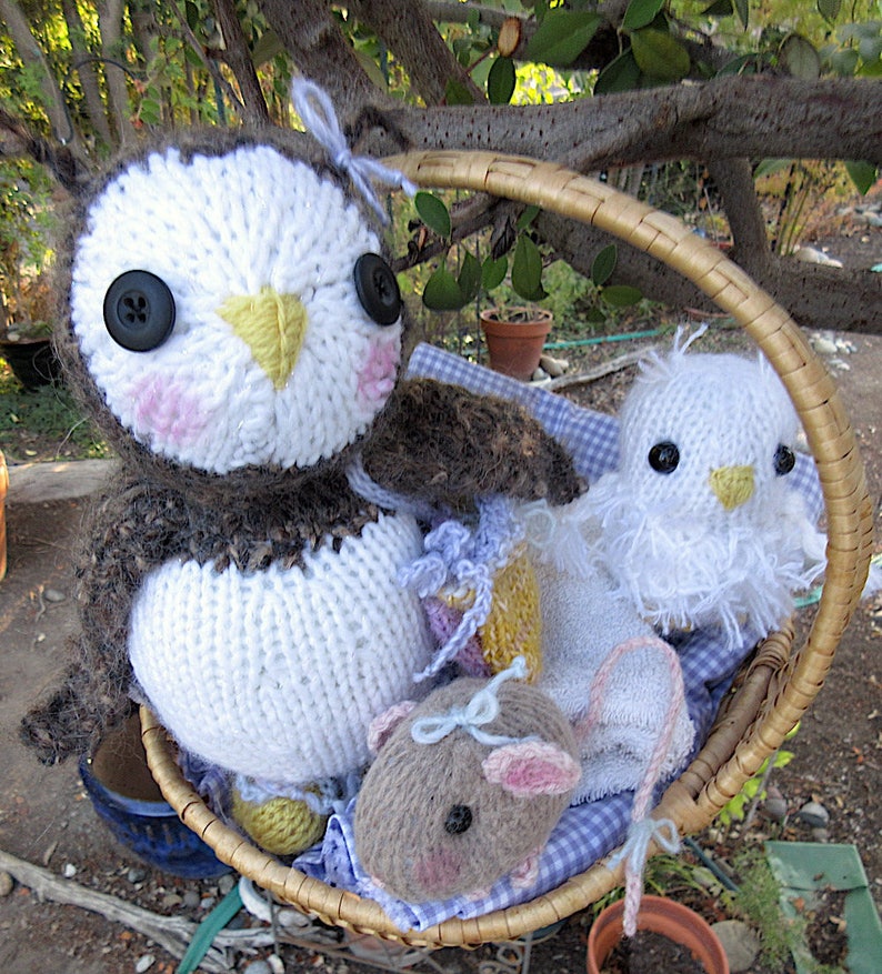 Two Owls and a Mouse Dolls, /Hand Knit Stuffed Animal Set of 3 Hand Knit, One of a Kind Heirloom CollectIble / Three in a Tree image 6