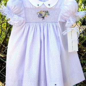 Girls Smocked Spring Easter Dress Size 4/ Hand Smocked Hand Embroidered /Bouquet With a Purple Bow image 4