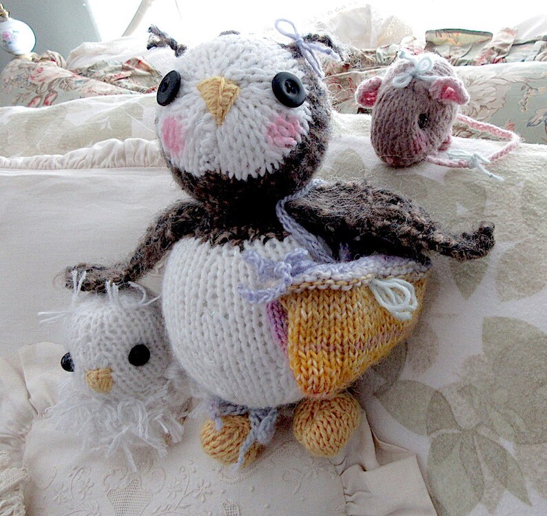 Two Owls and a Mouse Dolls, /Hand Knit Stuffed Animal Set of 3 Hand Knit, One of a Kind Heirloom CollectIble / Three in a Tree image 5