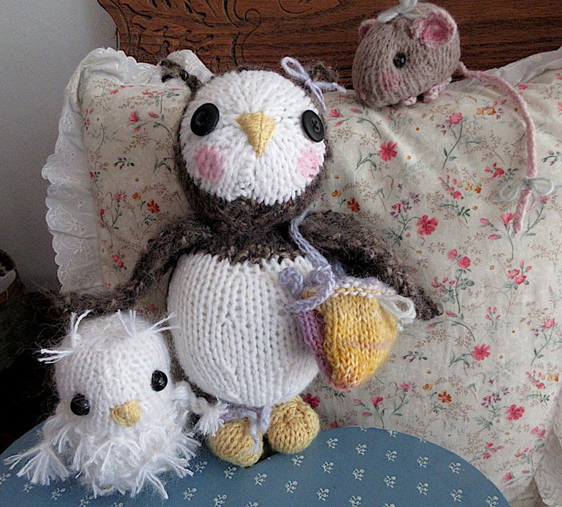 Two Owls and a Mouse Dolls, /Hand Knit Stuffed Animal Set of 3 Hand Knit, One of a Kind Heirloom CollectIble / Three in a Tree image 9