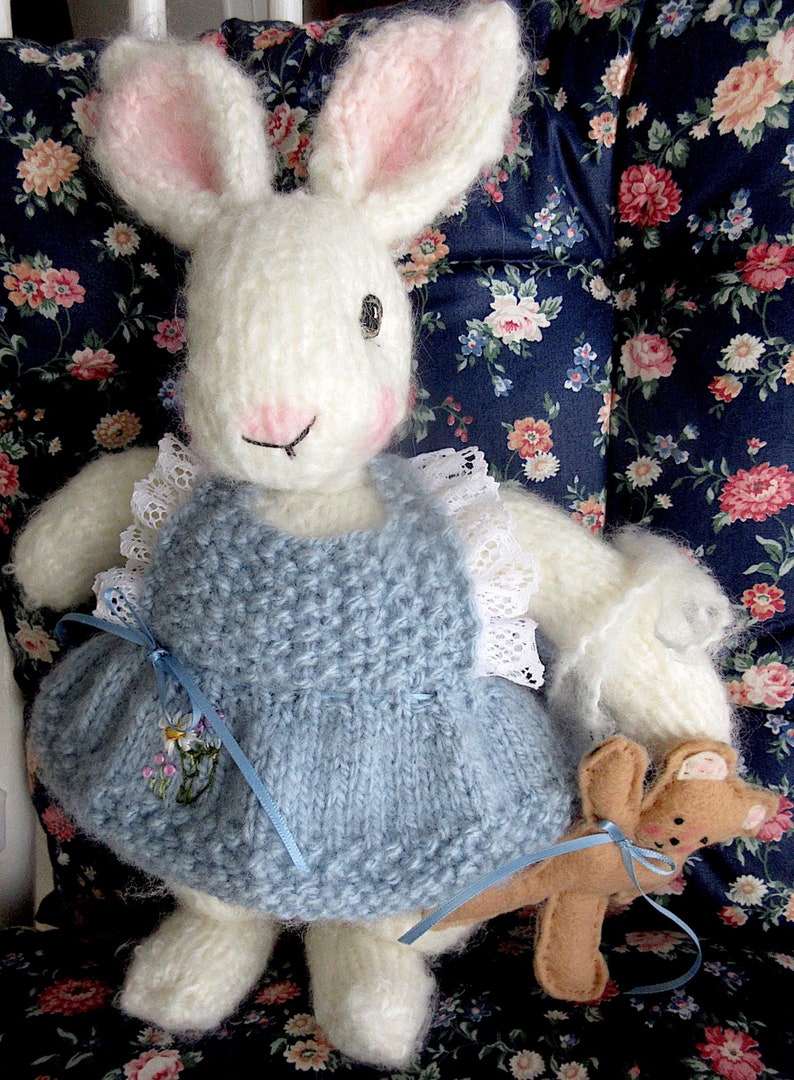Bunny Doll/ Hand Knit, Mohair, Hand Embroidered Stuffed Animal with teddy bear / Heirloom Collectible , OOAK/ Mia snd Bear image 5