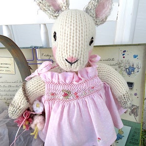 Hand Knit Bunny, in hand smocked, hand embroidered sun dress/Stuffed Animal Doll, One of a Kind Heirloom Collectible/Birthday Christmas Gift image 8