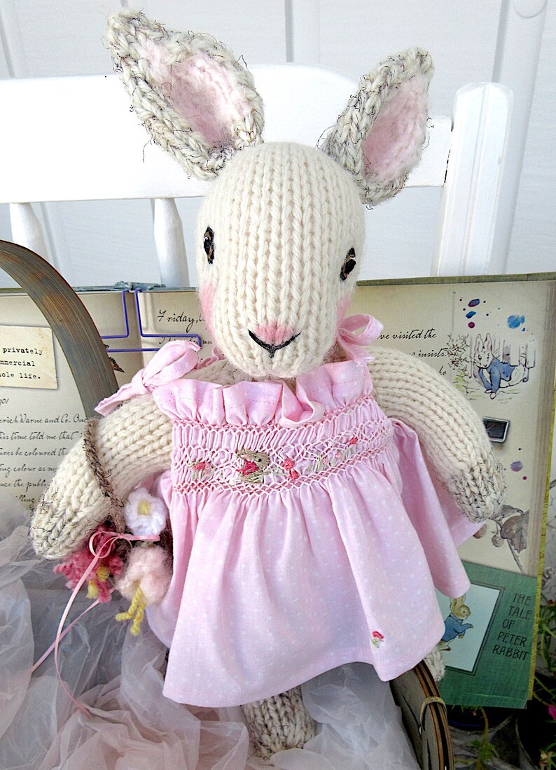 Hand Knit Bunny, in hand smocked, hand embroidered sun dress/Stuffed Animal Doll, One of a Kind Heirloom Collectible/Birthday Christmas Gift image 8