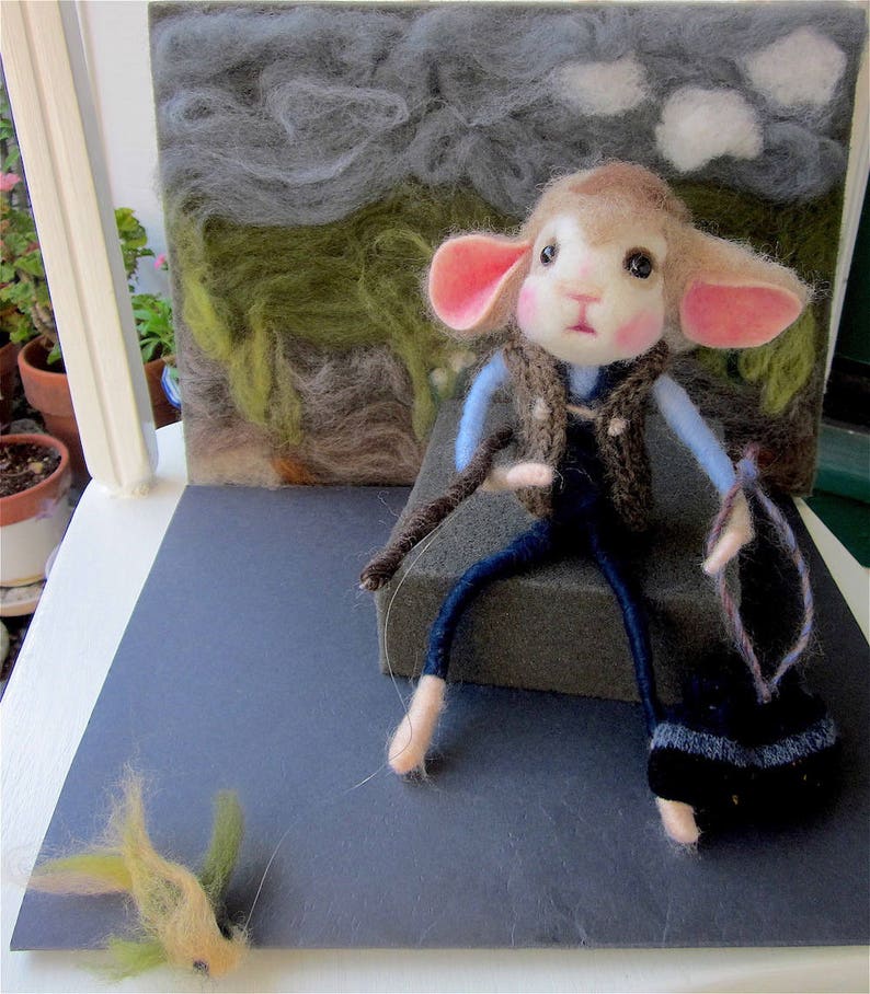 Mouse Doll and Fish, Needle Felted, One of a Kind Heirloom Collectible/ A Whale of a Fish Story image 6