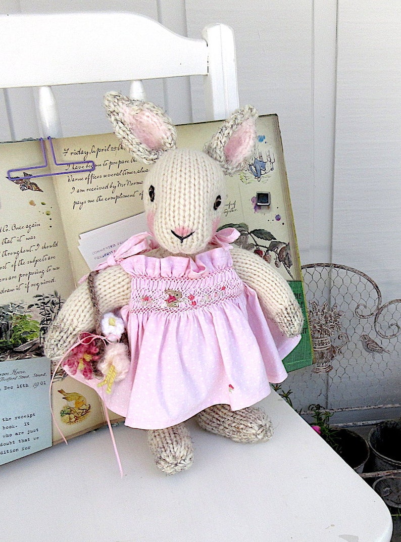 Hand Knit Bunny, in hand smocked, hand embroidered sun dress/Stuffed Animal Doll, One of a Kind Heirloom Collectible/Birthday Christmas Gift image 10