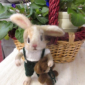 Bunny Rabbit, Teddy Bear, 2 Needle Felted Dolls / One of a Kind/ Unique Heirloom Collectibles/ Julian and Theodore image 7