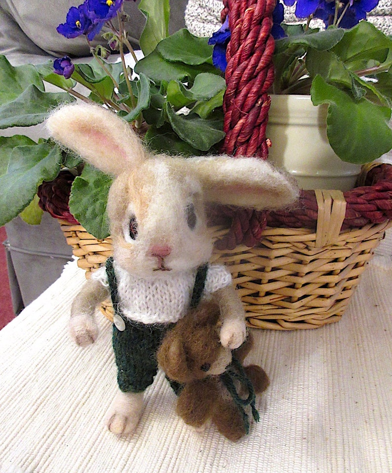 Bunny Rabbit, Teddy Bear, 2 Needle Felted Dolls / One of a Kind/ Unique Heirloom Collectibles/ Julian and Theodore image 7