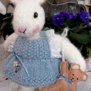Bunny Doll/ Hand Knit, Mohair, Hand Embroidered Stuffed Animal with teddy bear / Heirloom Collectible , OOAK/ Mia snd Bear image 9
