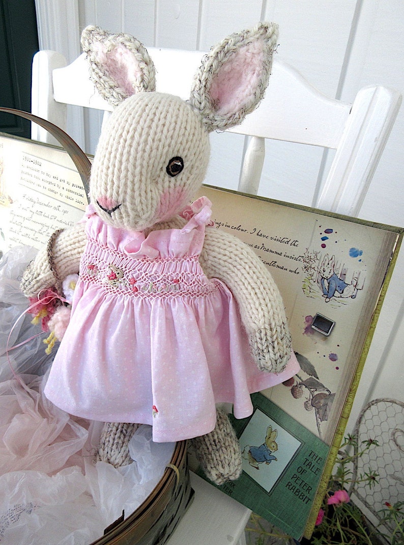 Hand Knit Bunny, in hand smocked, hand embroidered sun dress/Stuffed Animal Doll, One of a Kind Heirloom Collectible/Birthday Christmas Gift image 9