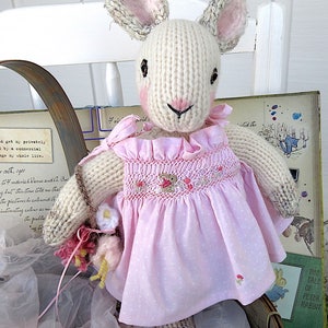 Hand Knit Bunny, in hand smocked, hand embroidered sun dress/Stuffed Animal Doll, One of a Kind Heirloom Collectible/Birthday Christmas Gift image 3