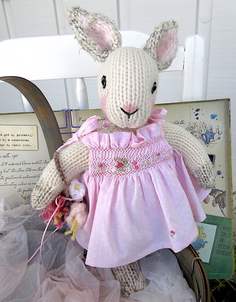 Hand Knit Bunny, in hand smocked, hand embroidered sun dress/Stuffed Animal Doll, One of a Kind Heirloom Collectible/Birthday Christmas Gift image 3