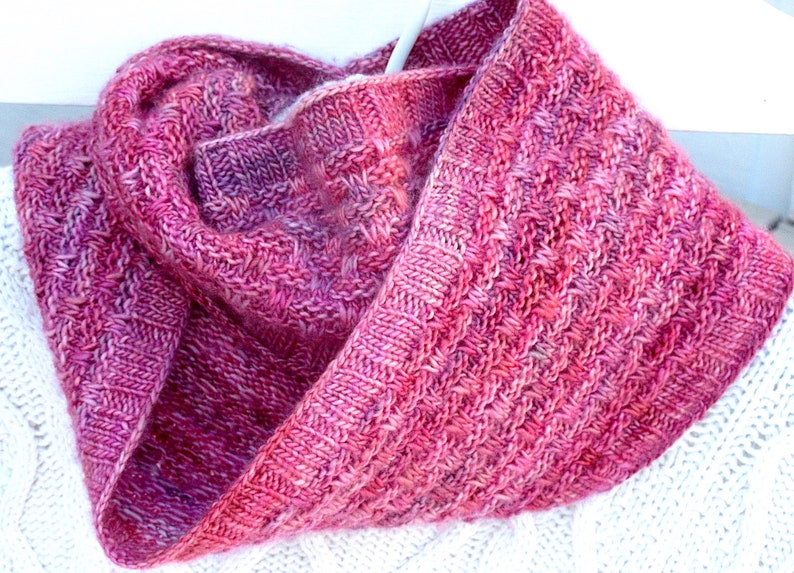 Hand Knit Cowl/ Valentine's Day or Birthday Gift/ 100% Merino Wool, Hand Dyed One of a Kind/ Delicious Raspberry-Pink image 1