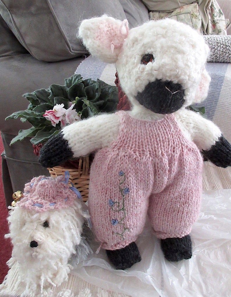Lamb and Sheepdog Dolls/Hand Knit Valentine Gift/Easter Stuffed Animal Pair/ Heirloom Collectible, OOAK/ Best Friends Pansy and Bella image 7