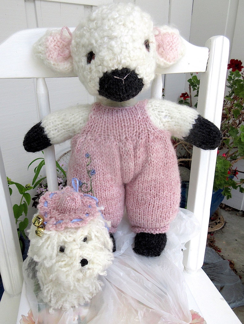 Lamb and Sheepdog Dolls/Hand Knit Valentine Gift/Easter Stuffed Animal Pair/ Heirloom Collectible, OOAK/ Best Friends Pansy and Bella image 10
