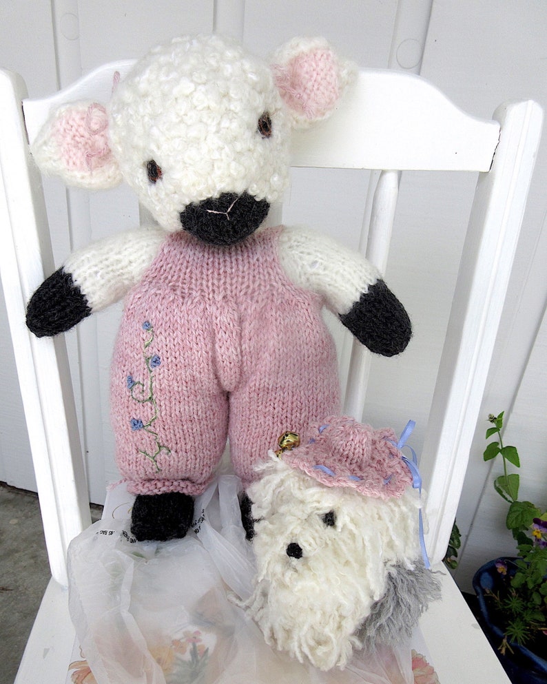 Lamb and Sheepdog Dolls/Hand Knit Valentine Gift/Easter Stuffed Animal Pair/ Heirloom Collectible, OOAK/ Best Friends Pansy and Bella image 6