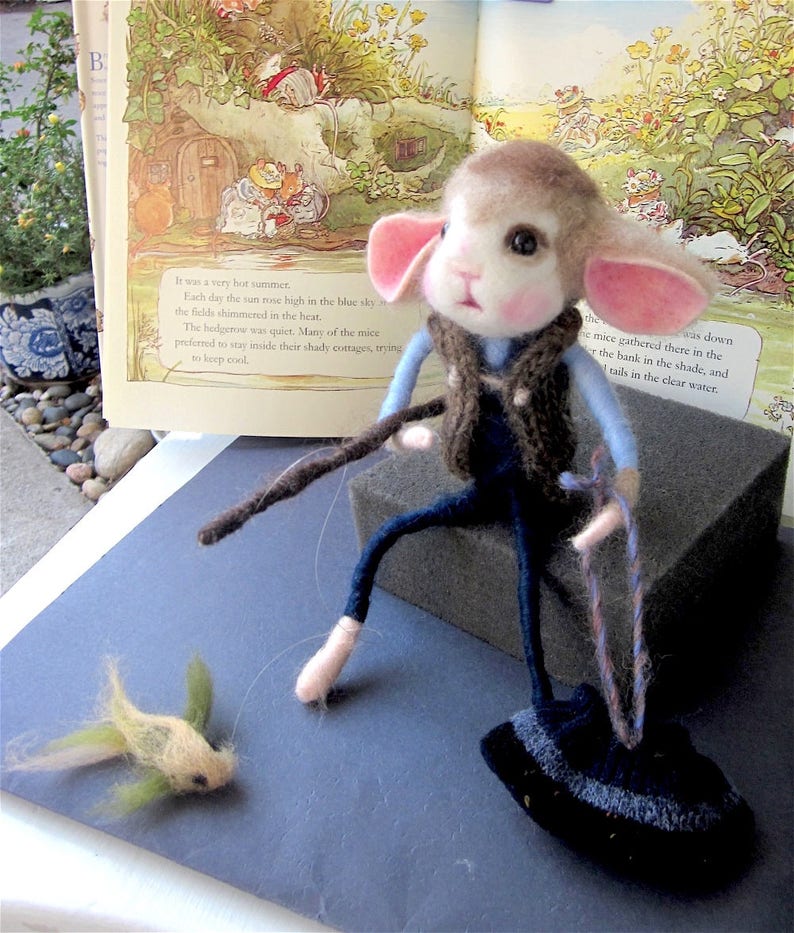 Mouse Doll and Fish, Needle Felted, One of a Kind Heirloom Collectible/ A Whale of a Fish Story image 1