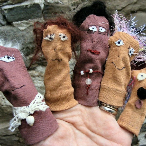 5 Finger puppet people dog OoAK cotton unusual   instead of flowers