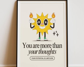 You Are More Than Your Thoughts, Retro Psychology Art Print, Inspirational Gift, Mental Health Quotes Poster, Positive Thinking Wall Decor