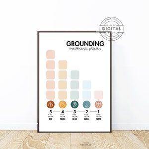 54321 Grounding Techniques Poster, Mindfulness Exercises, Calming Corner, Coping Skills, Homeschool Printables, Kids Anxiety Therapy Print
