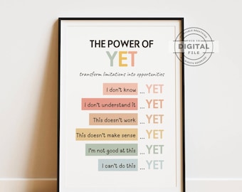 The Power of Yet Poster, Boho Printable Classroom Decor, Positive Growth Mindset Wall Art, School Counselor Office, Homeschool Motivational