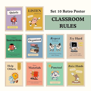 Puede incluir: Conjunto de diez carteles retro de reglas de clase con ilustraciones y texto coloridos. Los carteles presentan frases como "Trabajar en silencio", "Escuchar atentamente", "Seguir las instrucciones", "Mantenerse organizado", "Respetar a todos", "Esforzarse", "Ayudar a los demás", "Compartir materiales", "Ser puntual" y "Levantar la mano".