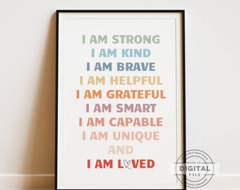 I AM Affirmationen Poster, Kinder Spielzimmer Wandkunst, Positivität Selbstliebe Affirmationen, Homeschool druckbar, Klassenzimmer motivierend Dekor
