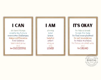 Affirmationen für Kinder Poster, 3er-Set, I Am I Can Wandkunst Druck, Positive Worte der Affirmationen Geschenk, Klassenzimmer Motivations Dekor Bundle