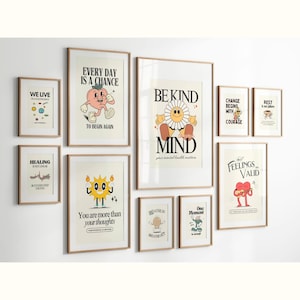 K&ouml;nnte beinhalten: Eine Wandgalerie mit neun gerahmten Drucken mit motivierenden Botschaften und Illustrationen. Die Drucke zeigen einen Pfirsich, eine Blume, eine Sonne, ein Herz und andere farbenfrohe Designs. Der Text auf den Drucken enth&auml;lt S&auml;tze wie "Jeder Tag ist eine Chance, neu anzufangen", "Sei freundlich, Geist", "Ver&auml;nderung beginnt mit Mut", "Gef&uuml;hle sind g&uuml;ltig" und "Du bist mehr als deine Gedanken".