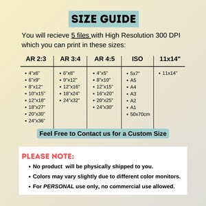May include: A size guide for digital printable files with high resolution 300 DPI. The guide shows different aspect ratios and standard paper sizes, including 4x6 inches, 6x8 inches, 8x10 inches, 11x14 inches, A5, A4, A3, A2, A1, and 50x70cm. The guide also includes a note that no physical product will be shipped, colors may vary slightly due to different color monitors, and the product is for personal use only.