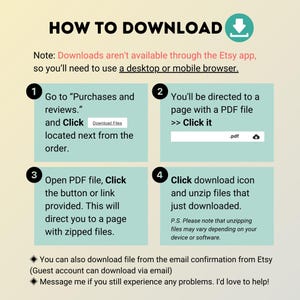 May include: A four-step guide on how to download digital files from Etsy. The guide includes instructions on how to access your purchases, download a PDF file, and unzip the files. The guide also includes a note that downloads are not available through the Etsy app.