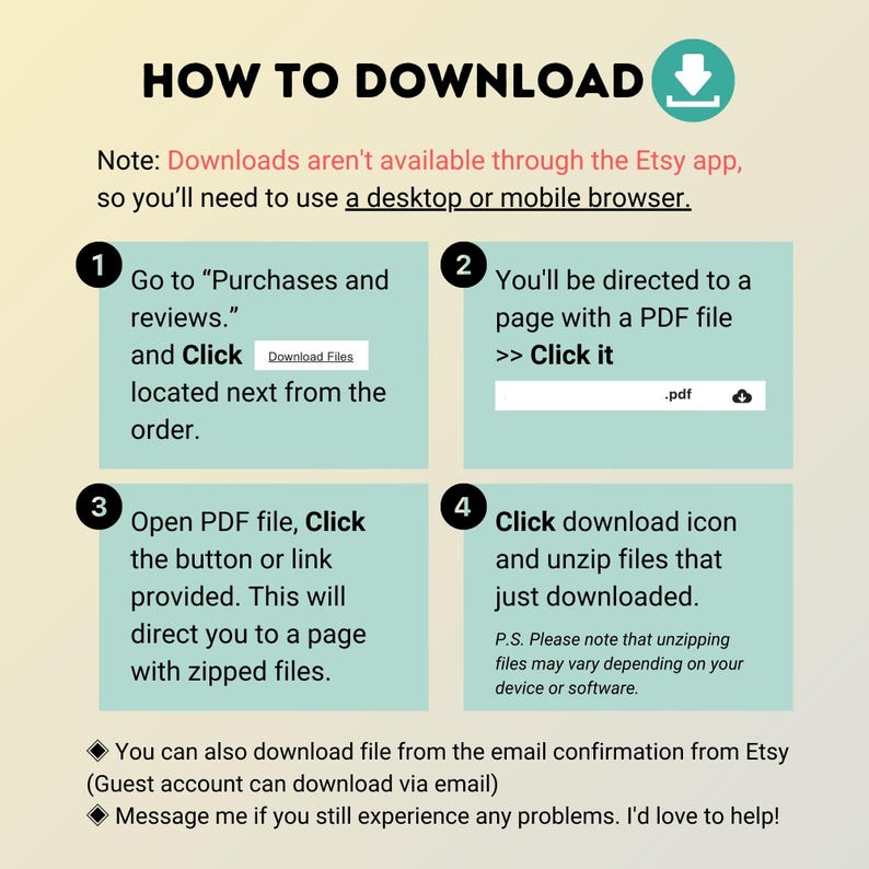 May include: A four-step guide on how to download digital files from Etsy. The guide includes instructions on how to access your purchases, download a PDF file, and unzip the files. The guide also includes a note that downloads are not available through the Etsy app.