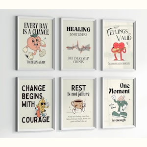 K&ouml;nnte beinhalten: Sechs Motivationsposter mit bunten Illustrationen und Text. Die Poster zeigen S&auml;tze wie "Jeder Tag ist eine Chance, neu anzufangen", "Heilung ist nicht linear, aber jeder Schritt z&auml;hlt", "Gef&uuml;hle sind g&uuml;ltig", "Ver&auml;nderung beginnt mit Mut", "Ruhe ist kein Versagen", und "Ein Moment auf einmal reicht".