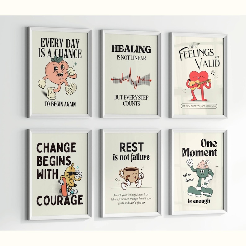 K&ouml;nnte beinhalten: Sechs Motivationsposter mit bunten Illustrationen und Text. Die Poster zeigen S&auml;tze wie "Jeder Tag ist eine Chance, neu anzufangen", "Heilung ist nicht linear, aber jeder Schritt z&auml;hlt", "Gef&uuml;hle sind g&uuml;ltig", "Ver&auml;nderung beginnt mit Mut", "Ruhe ist kein Versagen", und "Ein Moment auf einmal reicht".