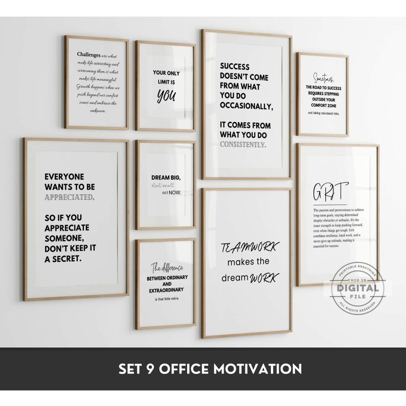 Modern Office Motivational Wall Art, Set of 9, Minimalist Quote Prints, Inspirational Work Quotes, Teamwork Quotes Bundle, Desk Decor Poster