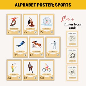 Decoração de sala de aula com pôster de alfabeto, conjunto de atletas esportivos, cartões para impressão para crianças, kit de quadro de avisos, impressão para educação domiciliar, flashcards educacionais