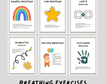 Breathing Exercises Poster for Kids, Set of 6, Calming Corner Print, Growth Mindset, Homeschool Printables, Rainbow Breathing Techniques