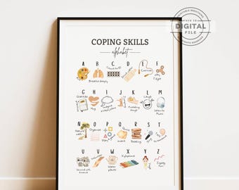 Bewältigungsfertigkeiten Alphabet-Poster, ABC-Bewältigungswerkzeuge für Kinder, Erdungsübungen für Angst, Schulpsychologie, Beruhigungsecken-Dekordruck