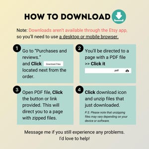 Pu&ograve; includere: Infografica in verde acqua e bianco intitolata "HOW TO DOWNLOAD". Mostra i passaggi per scaricare file: accedere agli acquisti, fare clic su un PDF e scaricare file zippati. Consiglia di utilizzare un browser desktop o mobile.