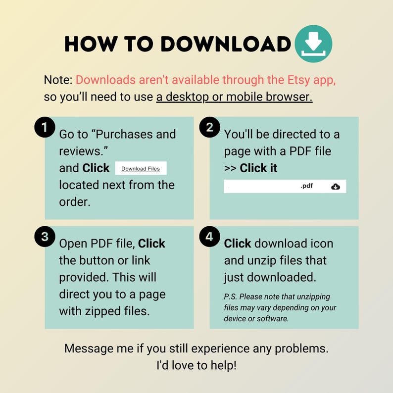 Pu&ograve; includere: Infografica in verde acqua e bianco intitolata "HOW TO DOWNLOAD". Mostra i passaggi per scaricare file: accedere agli acquisti, fare clic su un PDF e scaricare file zippati. Consiglia di utilizzare un browser desktop o mobile.
