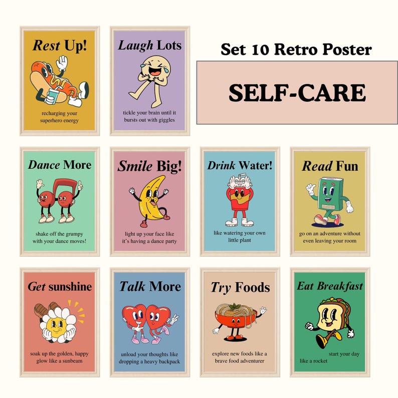 Kids Healthy Habits Poster, Groovy Wellness Poster, Teacher Supplies, Cute Retro Prints, Boho Classroom Decor Bundle, School Bulletin Boards