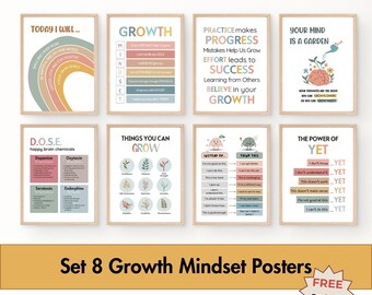 Growth Mindset Boho Poster, Set of 8, School Counselor Office Prints, CBT Therapy, Mental Health Printable Bundle, Calm Down Classroom Decor