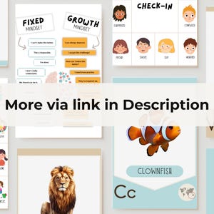 May include: A printable worksheet with two columns titled "Fixed Mindset" and "Growth Mindset". The worksheet includes a series of statements about how people with different mindsets think and feel. The worksheet also includes a section titled "Check-In" with a grid of four facial expressions: surprised, shocked, shy, and worried.