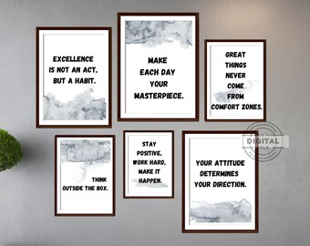 Office Motivational Wall Art, Set of 6 Prints, Home Office Wall Decor, Inspiration Work Quotes, Watercolor Quote Print, Desk Decor Poster